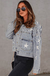 Sky Blue Distressed Pearls Star Cropped Denim Jacket-Outerwear-MomFashion