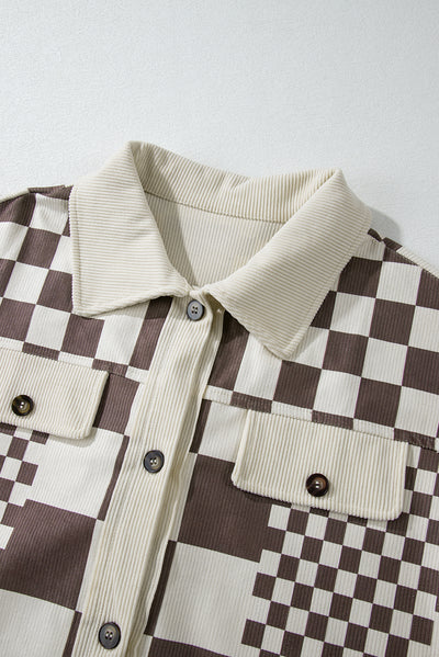 Brown Checkered Print Patchwork Corduroy Shacket-Outerwear/Jackets-MomFashion