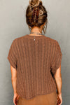 Chestnut Crew Neck Cable Knit Short Sleeve Sweater-Tops-MomFashion