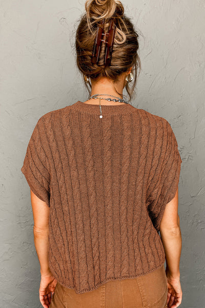 Chestnut Crew Neck Cable Knit Short Sleeve Sweater-Tops-MomFashion