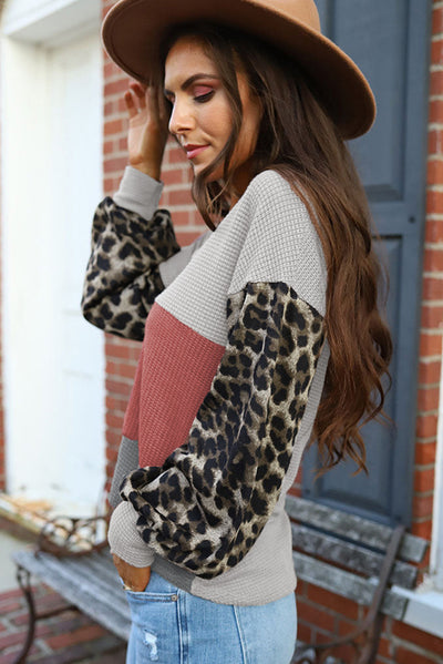 Fiery Red Wild Leopard Contrast Sleeve Colorblock Waffle Knit Top-Tops-MomFashion