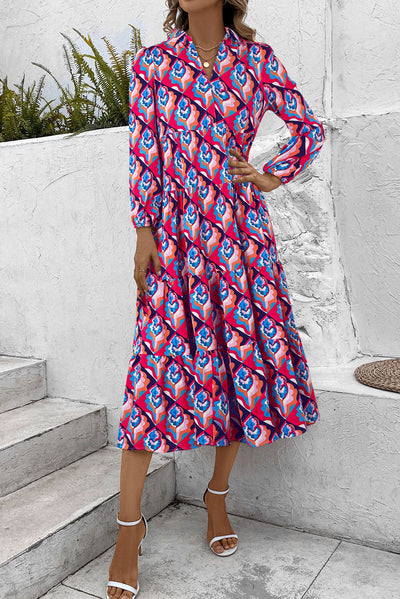 Abstract Geometric Print Long Sleeve High Waist Dress-Dresses-MomFashion