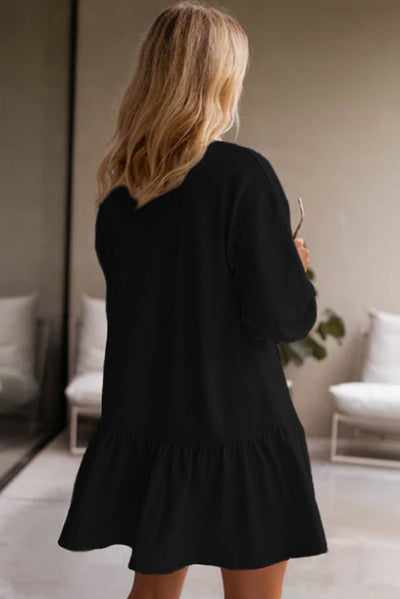 Black Solid Color Puff Sleeve Ruffle Hem Mini Dress-Dresses-MomFashion