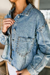 Sky Blue Studded Acid Wash Denim Jacket-Outerwear-MomFashion