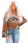 Leopard Colorblock Patchwork V-Neck Loose Sleeve Knit Top-Tops-MomFashion