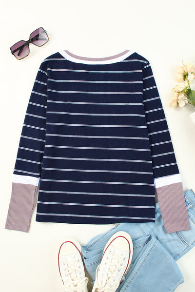 Blue Extend Color Block Cuffs Rib Knit Striped Pullover-Tops-MomFashion