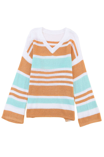 Multicolor Colorblock Stripe Long Sleeve Split Sweater-Tops-MomFashion