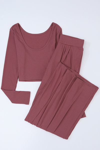 Solid Color Ribbed Crop Top Long Pants Set-Loungewear-MomFashion