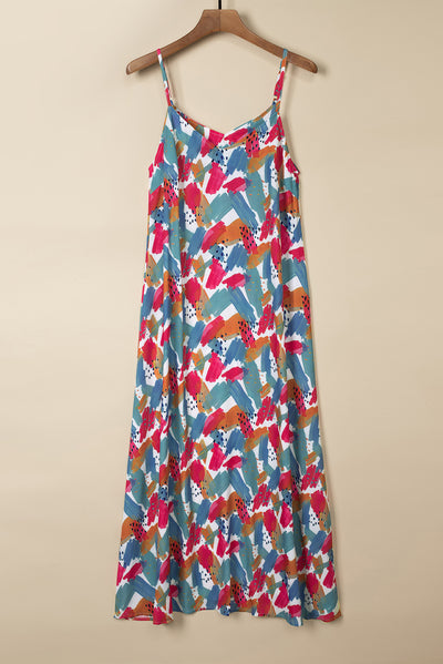 Multicolor Abstract Print Spaghetti Straps Maxi Dress-Dresses-MomFashion