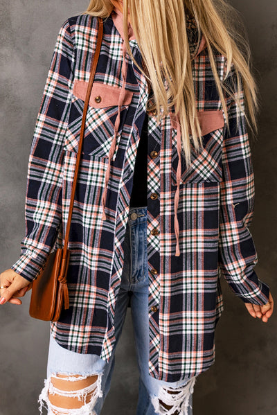 Pink Contrast Hooded Drawstring Plaid Shacket-Outerwear-MomFashion