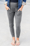 Gray High Waist Pleated Pocket Leggings-Bottoms-MomFashion