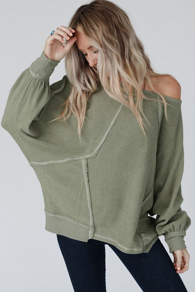 Green Exposed Seam Patchwork Dolman Sleeve Top-Tops-MomFashion