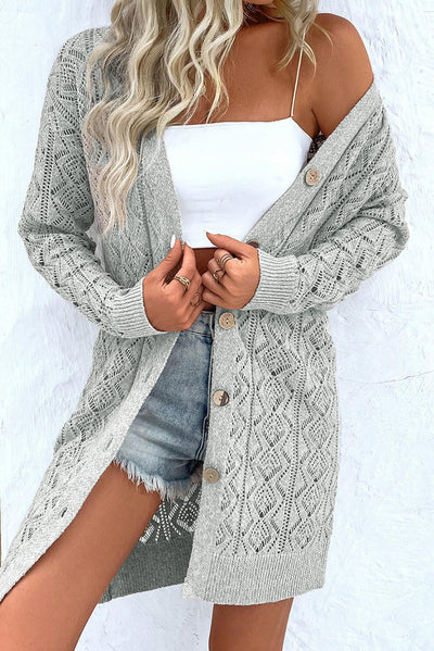 Gray Hollow Out Buttons Front Long Cardigan-Sweaters & Cardigans/Cardigans-MomFashion