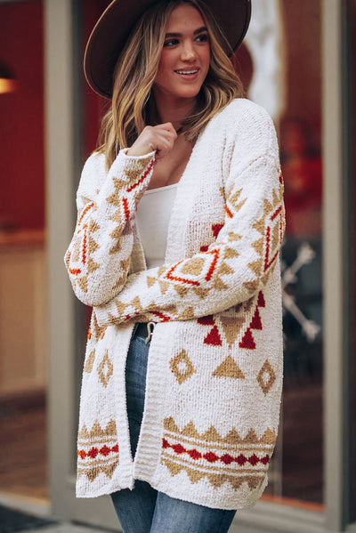 White Aztec Pattern Open Knitted Cardigan-Tops-MomFashion