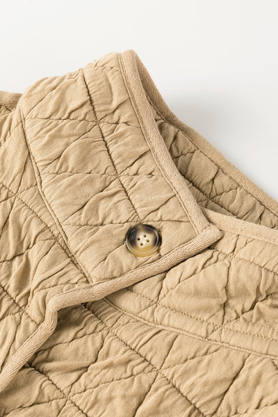 Khaki Quilted Button Front Funnel Neck Jacket-Outerwear-MomFashion