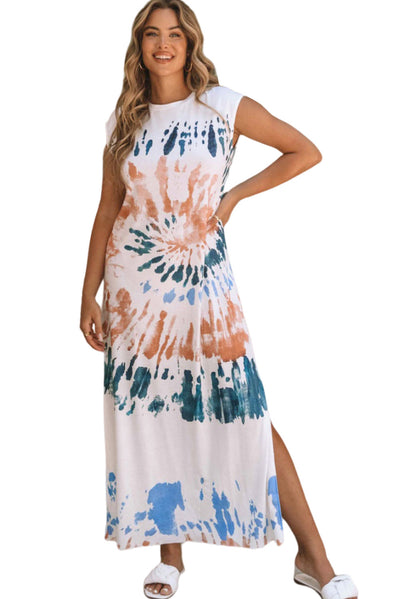 White Cap Sleeve Tie Dye Long Slit Dress-Dresses-MomFashion