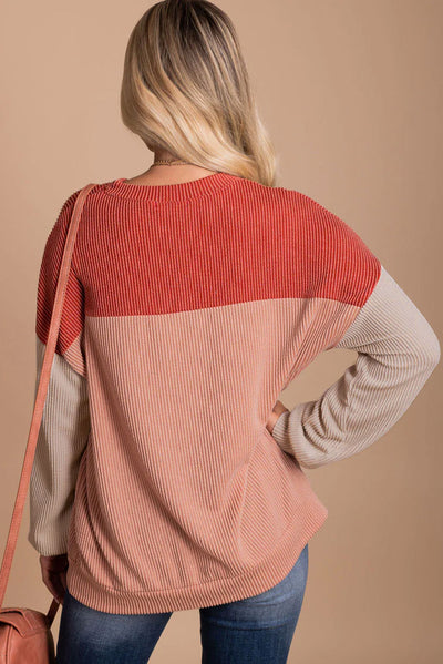 Fiery Red Color Block Long Sleeve Ribbed Loose Top-Tops-MomFashion