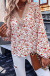 White Floral Long Sleeve Lace V-Neck Blouse-Tops-MomFashion