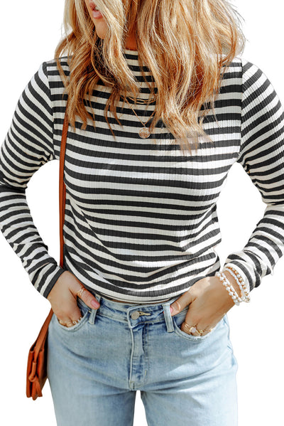 Black Striped Print Textured Knit Long Sleeve Tee-Tops-MomFashion