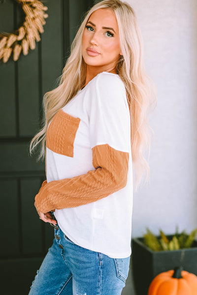 Orange Long Sleeve Colorblock Chest Pocket Textured Knit Top-Tops-MomFashion