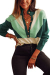 Green Geometric Color Block Knit Button V Neck Sweater-Tops-MomFashion