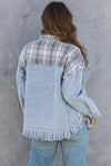 Sky Blue Plaid Patchwork Fringed Flap Pockets Denim Jacket-Outerwear-MomFashion