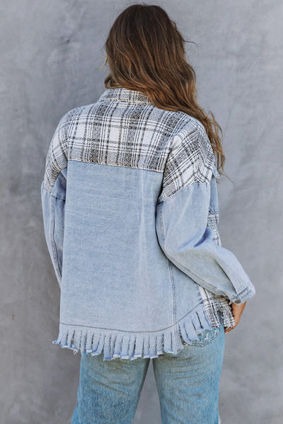 Sky Blue Plaid Patchwork Fringed Flap Pockets Denim Jacket-Outerwear-MomFashion