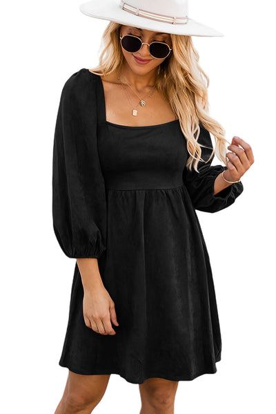 Black Suede Square Neck Puff Sleeve Dress-Dresses-MomFashion