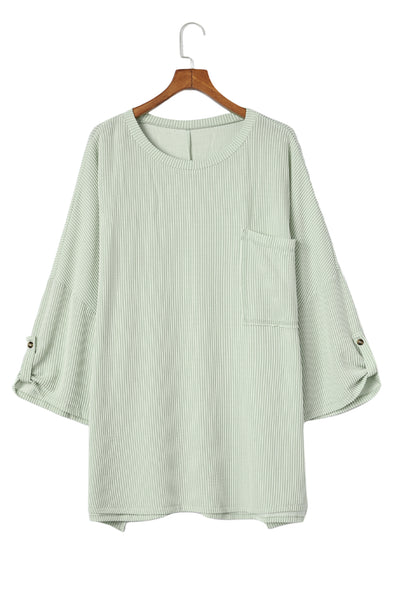 Green Ribbed Roll-tab Sleeve Chest Pocket Oversize Top-Tops-MomFashion