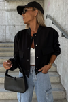 Black Big Pockets Baseball Collar Jacket-Outerwear-MomFashion