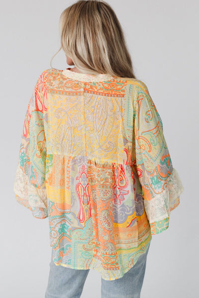 Multicolor Paisley Print Bell Sleeve Lace V-Neck Button Sheer Blouse-Tops-MomFashion