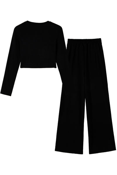 Black Crop Top and Wide Leg Pants Two Piece Set-Loungewear-MomFashion