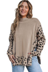 Khaki Leopard High Neck Side Slit Oversized Sweater-Tops-MomFashion