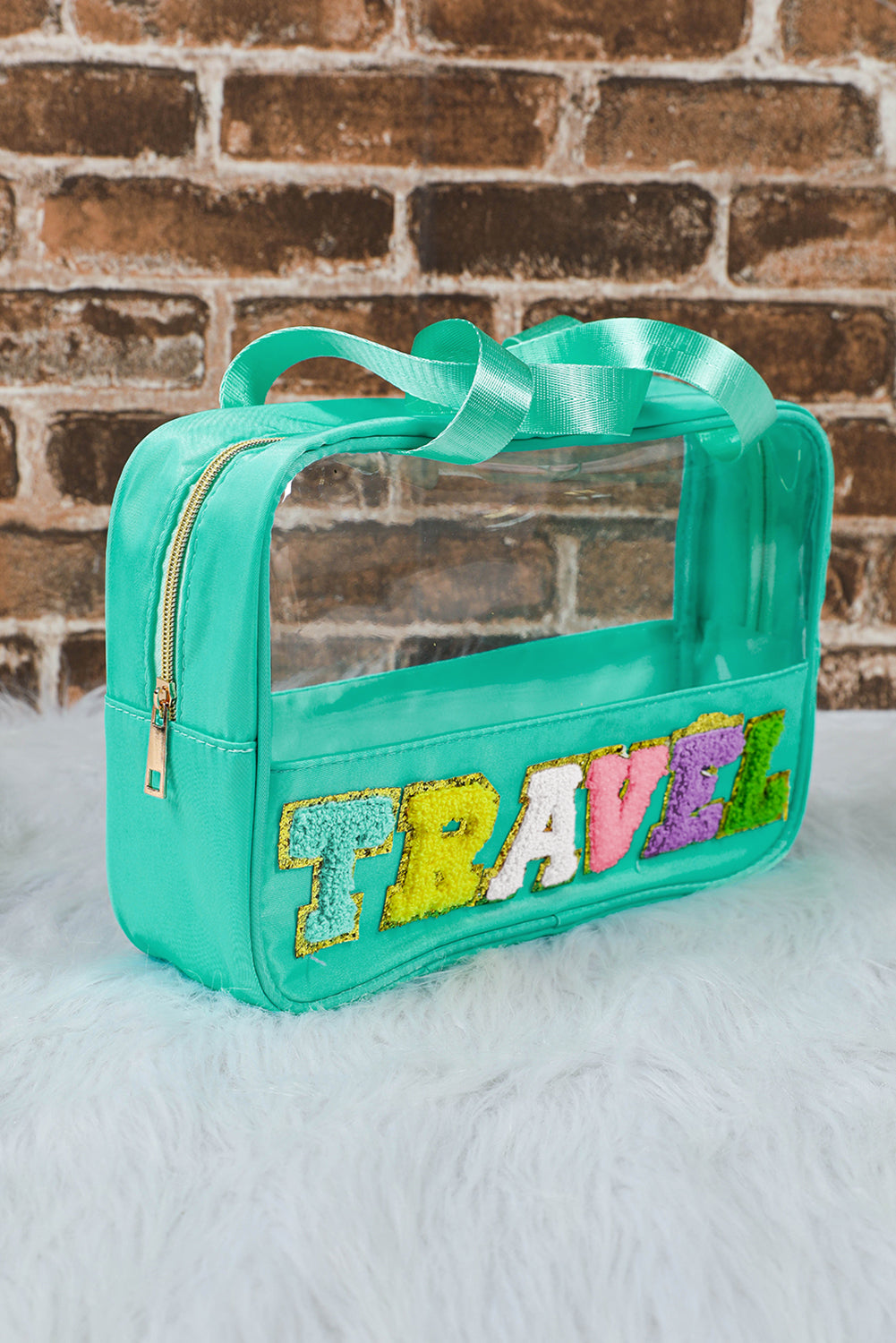 Mint Green TRAVEL Chenille Letter Clear PVC Makeup Bag-Accessories-MomFashion