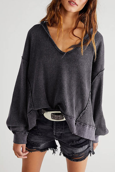 Gray Oversized Drop Shoulder Thermal Knit Top-Tops-MomFashion