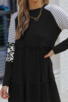 Black Striped Leopard Patchwork Long Sleeve Mini Dress-Dresses-MomFashion