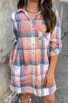 Pink Plaid Roll-tab Sleeve Side Slit Shirt Dress-Dresses-MomFashion