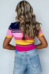 Pink Mixed Stripes Ribbed Knit Top-Tops-MomFashion