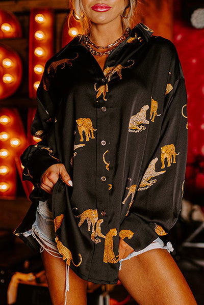 Black Cheetah Animal Print Button Up Satin Shirt-Tops-MomFashion