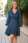 Blue Textured Ruffled V Neck High Waist Mini Dress-Dresses-MomFashion