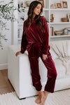 Fiery Red Solid Velvet Two Piece Lounge Set-Loungewear-MomFashion