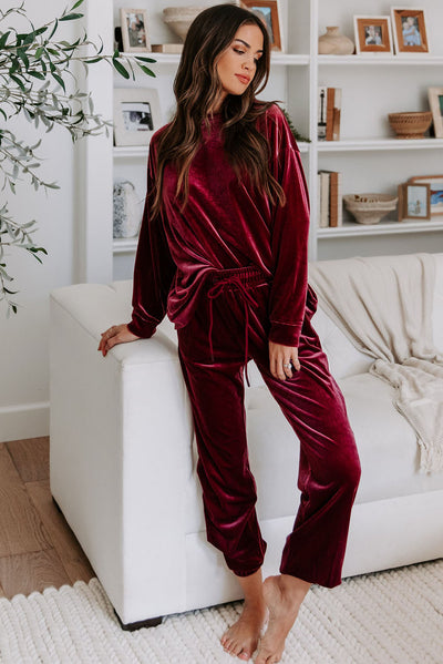 Fiery Red Solid Velvet Two Piece Lounge Set-Loungewear-MomFashion