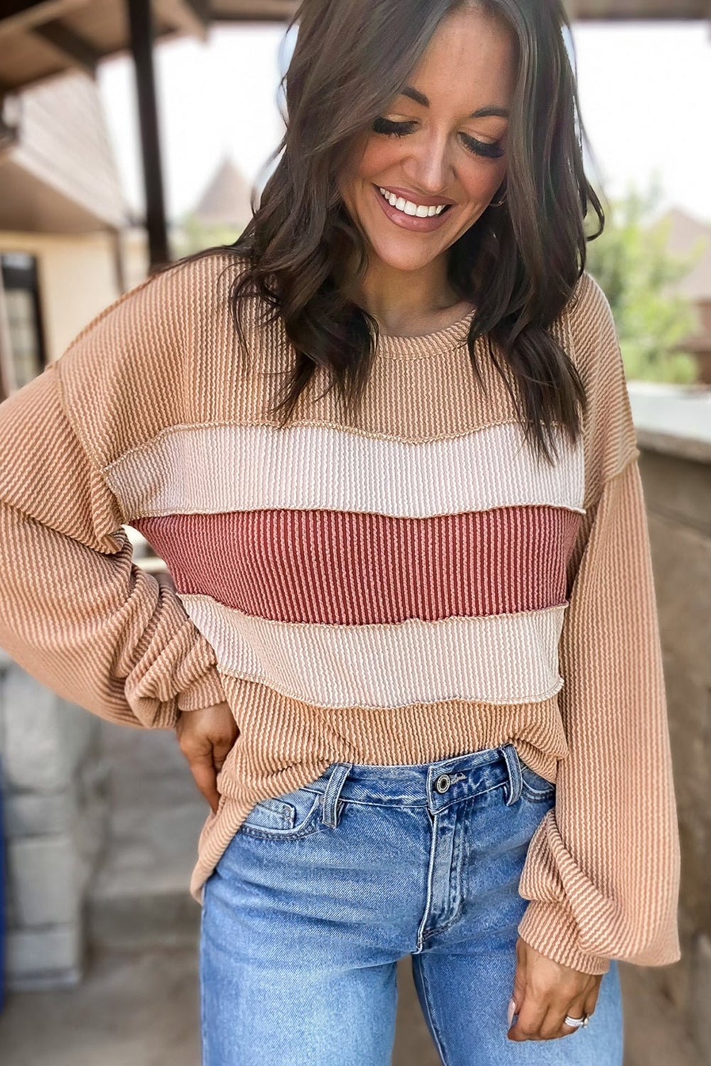 Light French Beige Colorblock Rib Corded Sweatshirt-Tops-MomFashion