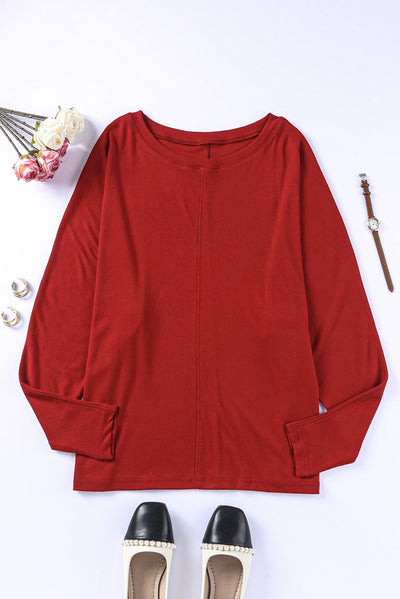 Red Solid Color Patchwork Long Sleeve Top-Tops-MomFashion