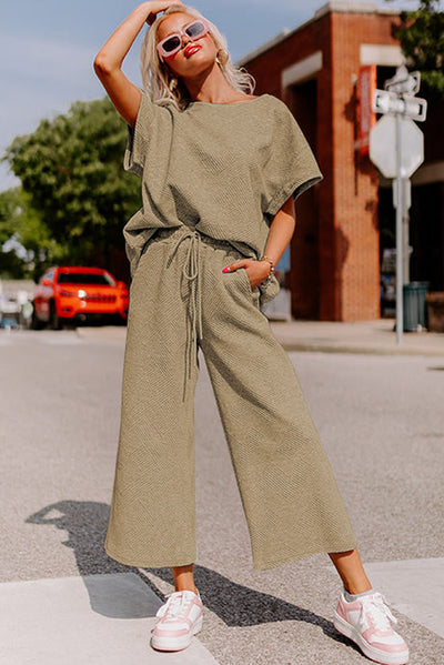 Pale Khaki Textured Loose Fit T Shirt and Drawstring Pants Set-Loungewear-MomFashion