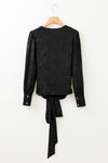 Black Glitter Wrap V Neck Tie Hem Puff Sleeve Blouse-Tops-MomFashion