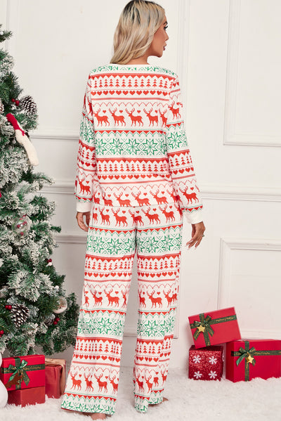 White Christmas Print Pullover and Pants Lounge Set-Loungewear-MomFashion