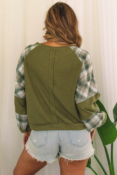 Green Plaid Patch Waffle Knit Exposed Seam Bubble Sleeve Top-Tops-MomFashion