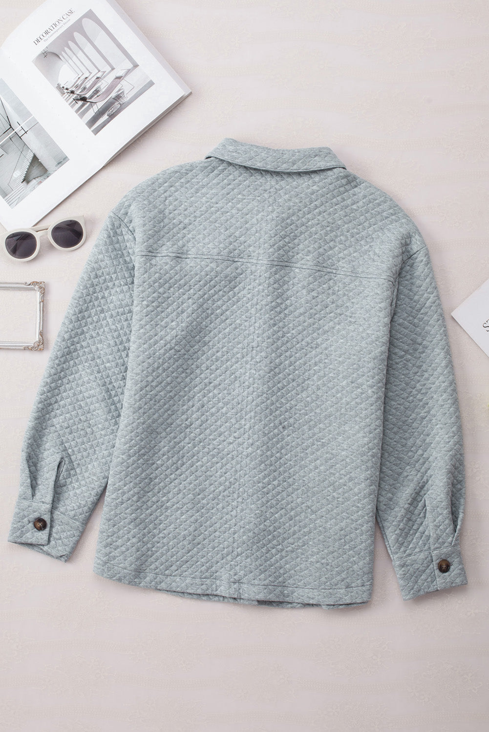 Gray Retro Quilted Flap Pocket Button Shacket-Outerwear-MomFashion