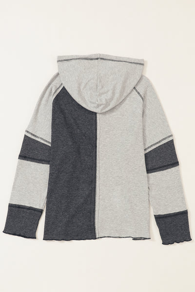 Gray Colorblock Seamed Ribbed Henley Hoodie-Tops-MomFashion